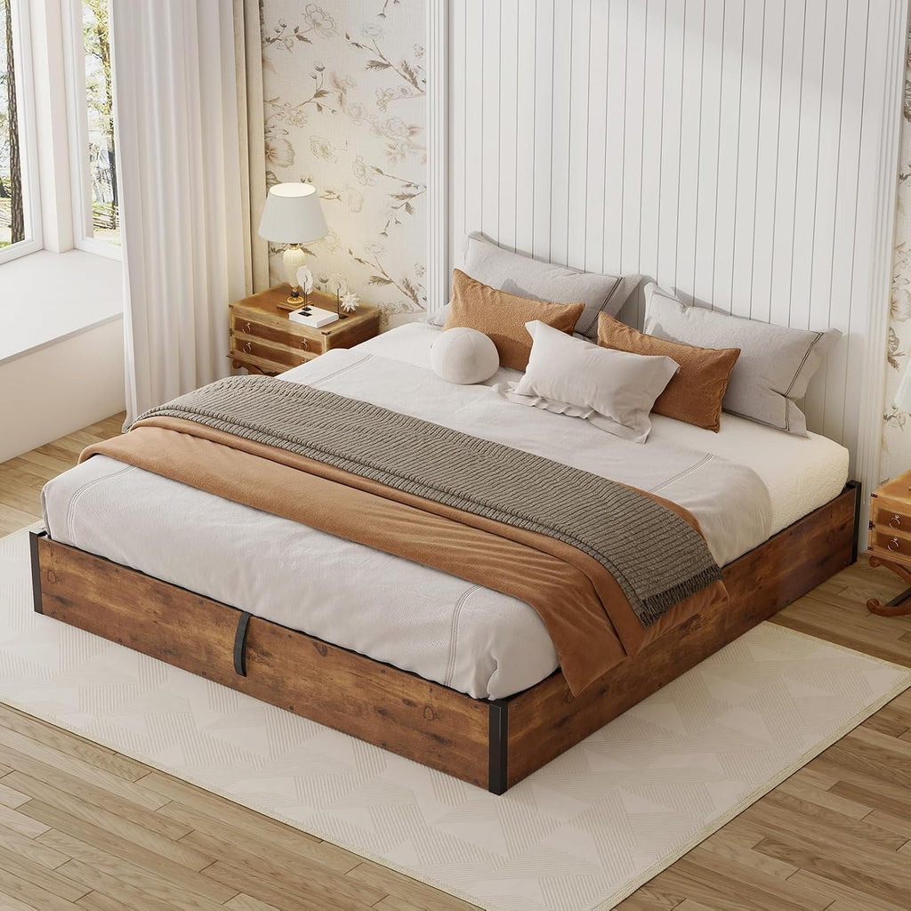 LUXOAK 3 Pieces Bedroom Sets, Includes King Size Lift Up Storage Platform Bed Frame, 2 Drawers Farmhouse Nightstand Set of 2 with Charging Station, No Box Spring Needed, Rustic Brown