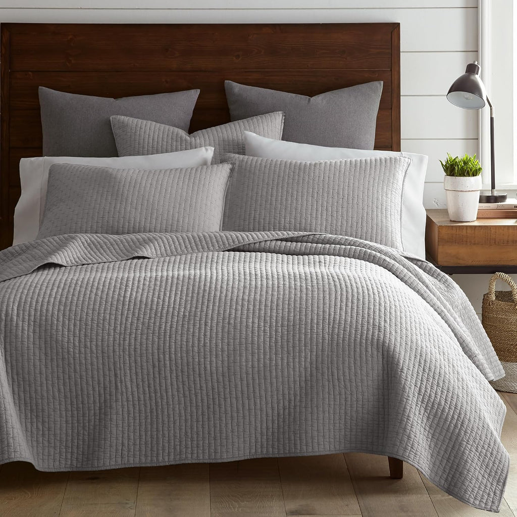 Levtex Home Cross Stitch Reversible King/Cal King Quilt Set (106x92in) and 2 Pillow Shams (36x20in) - Stitch Texture - Light Grey - Cotton King Size Quilt Bedding Set - Lightweight, Soft, Pre-Washed