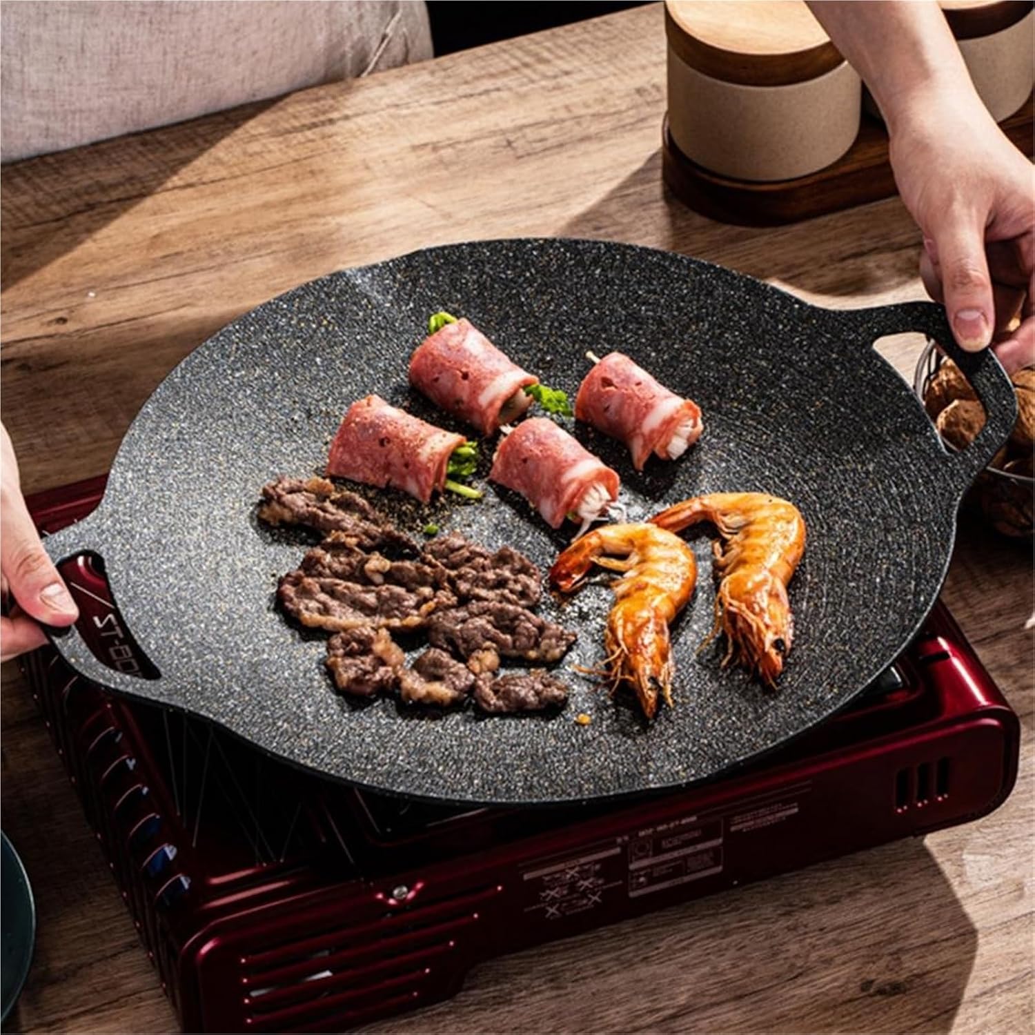 Cast Iron Barbecue Tray Bbq Grill Pan for Indoor Cooking Camping Non-stick Round Baking with for Home for Outdoor Camping(L-36x18 x 3 cm)