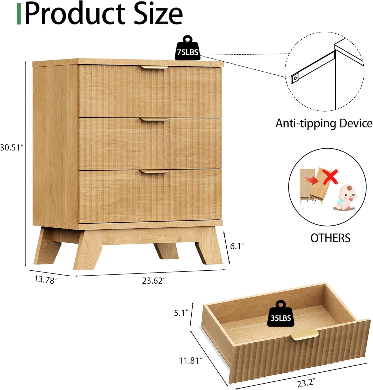 Fluted Dresser for Bedroom with 3 Drawers, 24' Wide Modern Chest of Drawers with Metal Handle, Wooden Dresser TV Stand, Wood Closet Clothes Storage Organizer for Living Room, Hallway, Natural Oak