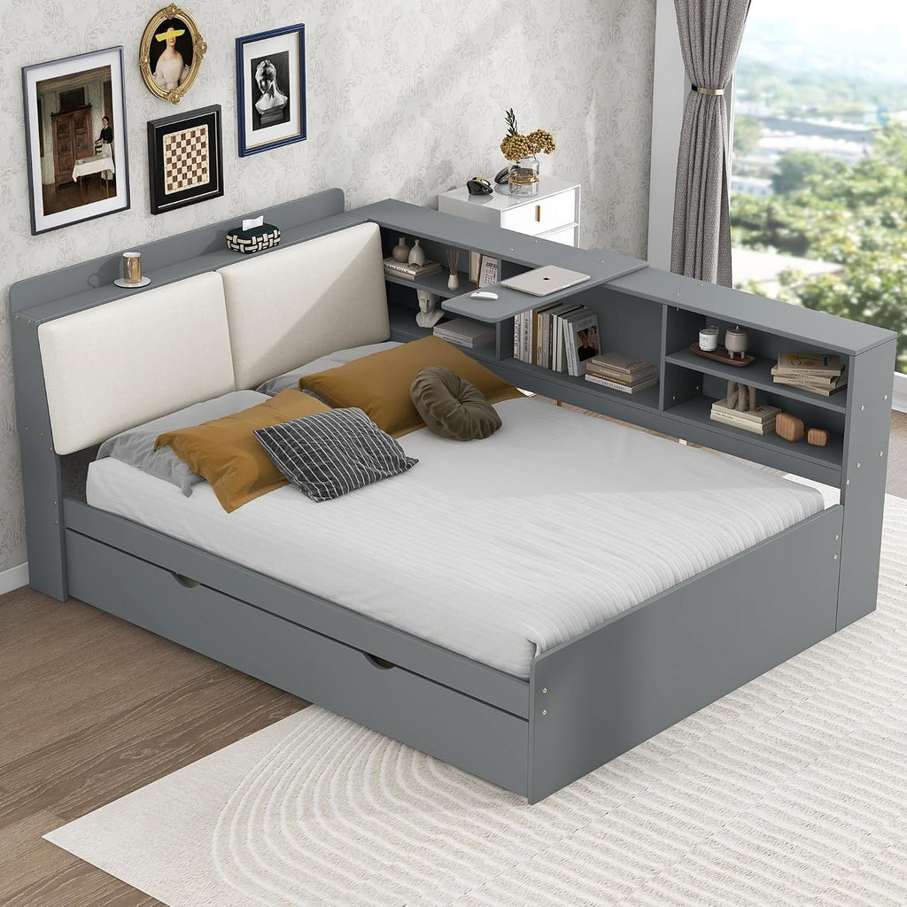 Corner Bed Frame with Storage Upholstered Headboard,Bookcase and Trundle,Full Size Floor Platform Bed with Rotatable Storage Board and Slat Support,Grounded L Shape Sofa Bed for Dorm or Guests,Gray