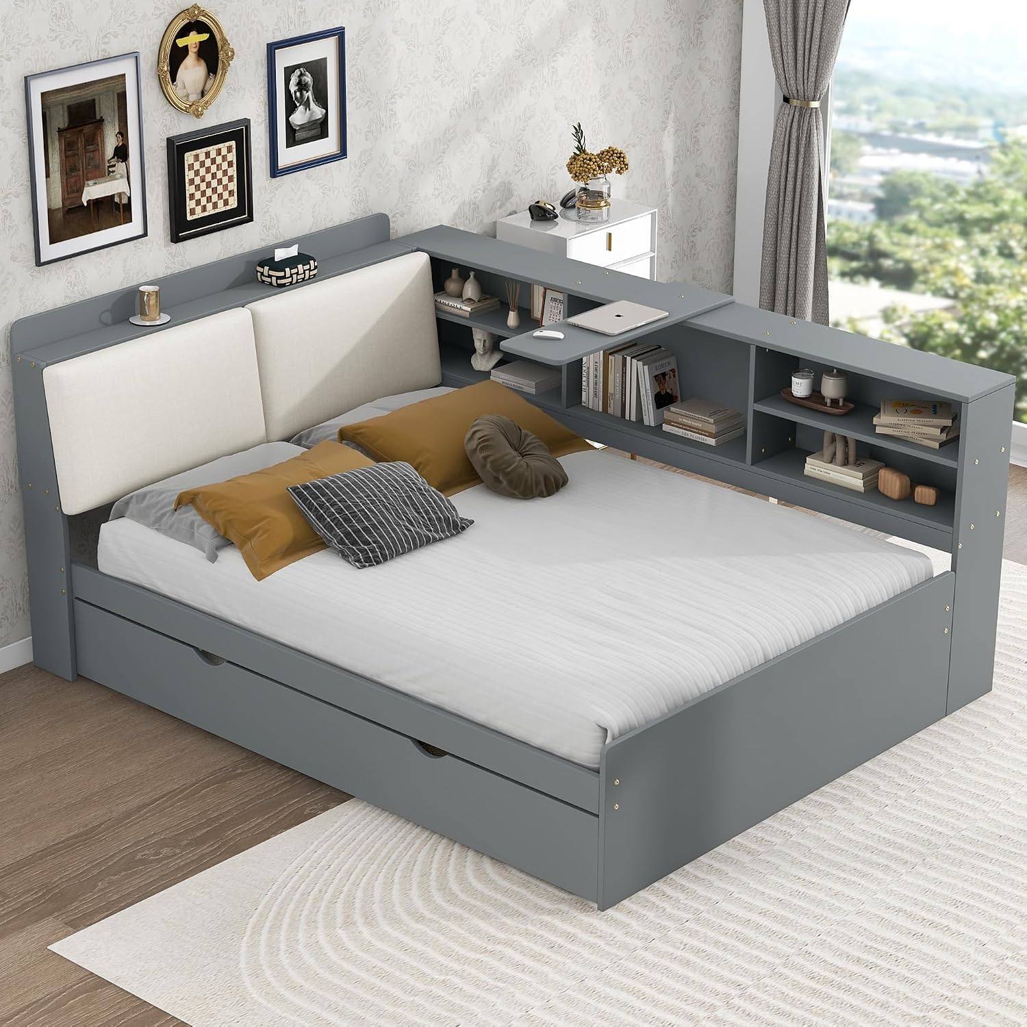 Corner Bed Frame with Storage Upholstered Headboard,Bookcase and Trundle,Full Size Floor Platform Bed with Rotatable Storage Board and Slat Support,Grounded L Shape Sofa Bed for Dorm or Guests,Gray