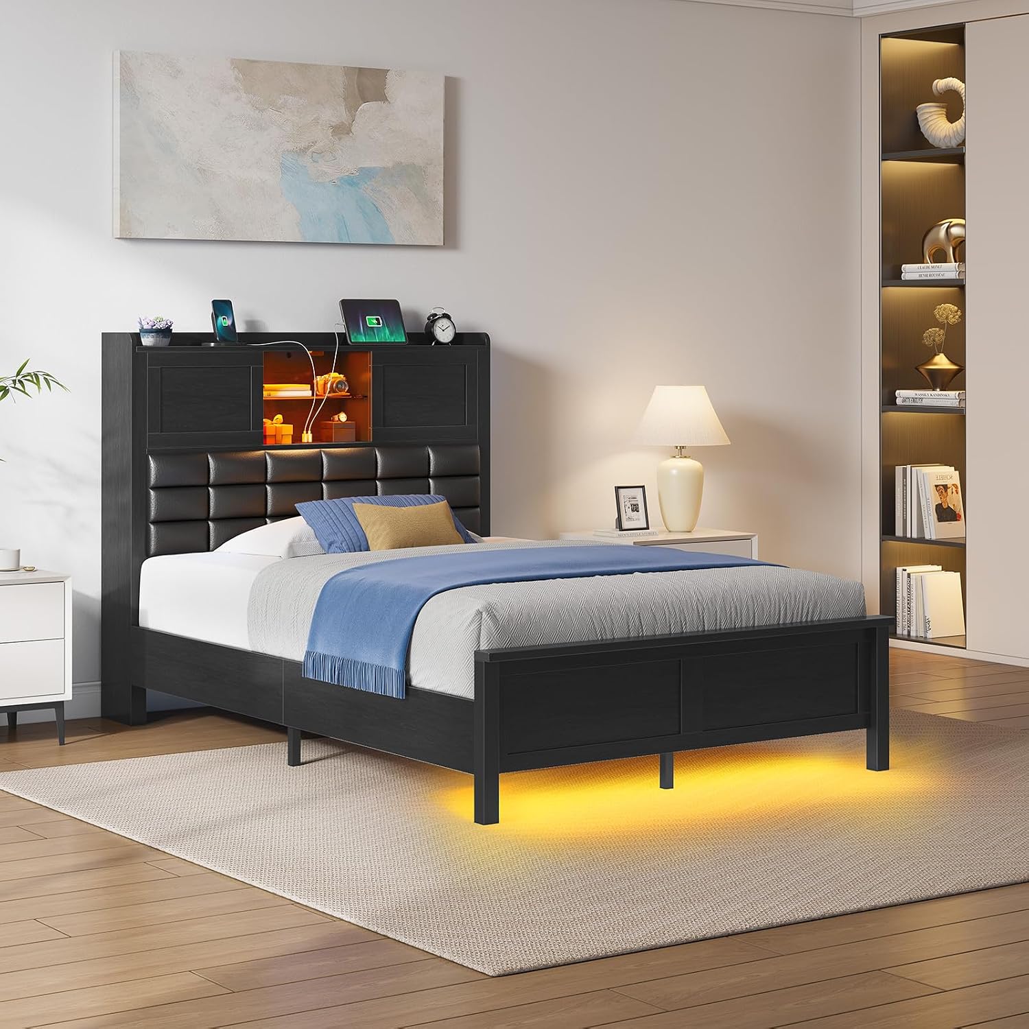 Rolanstar Bed Frame Twin Size with Charging Station, Bookcase Headboard Bed with LED Light and Sliding Doors, Platform Bed with Wooden Slats, No Box Spring Needed, Noise Free, Black