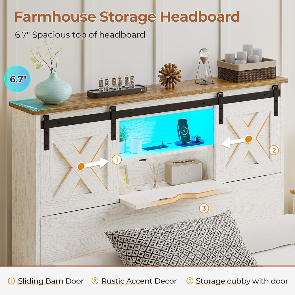 Hasuit Farmhouse Bed Frame Twin Size with 2 Storage Drawers, Wooden Platform Twin Bed with LED Lights and Charging Station, Rustic Accent Headboard with Sliding Barn Door Storage Cabinets
