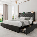 Einhomn Full Size Bed Frame with 4 Storage Drawers, Upholstered Bed Frame with Large Wingback Headboard, Charging Station, No Box Spring Needed, Dark Grey