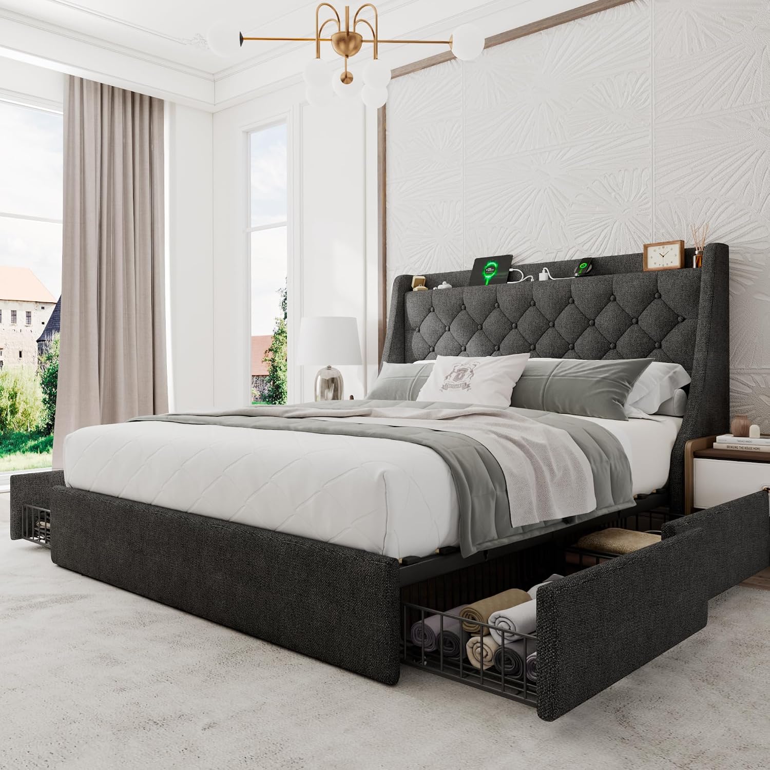 Einhomn Full Size Bed Frame with 4 Storage Drawers, Upholstered Bed Frame with Large Wingback Headboard, Charging Station, No Box Spring Needed, Dark Grey