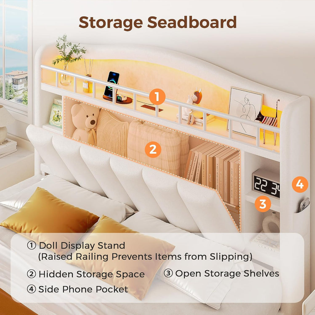 Full Size Bed Frame with LED Storage Headboard & 2 Storage Drawers, Velvet Upholstered Bed with Vertical Tufted Headboard Design, USB & Type-C Charging Ports, Wooden Slats Support, Noise-Free, Beige