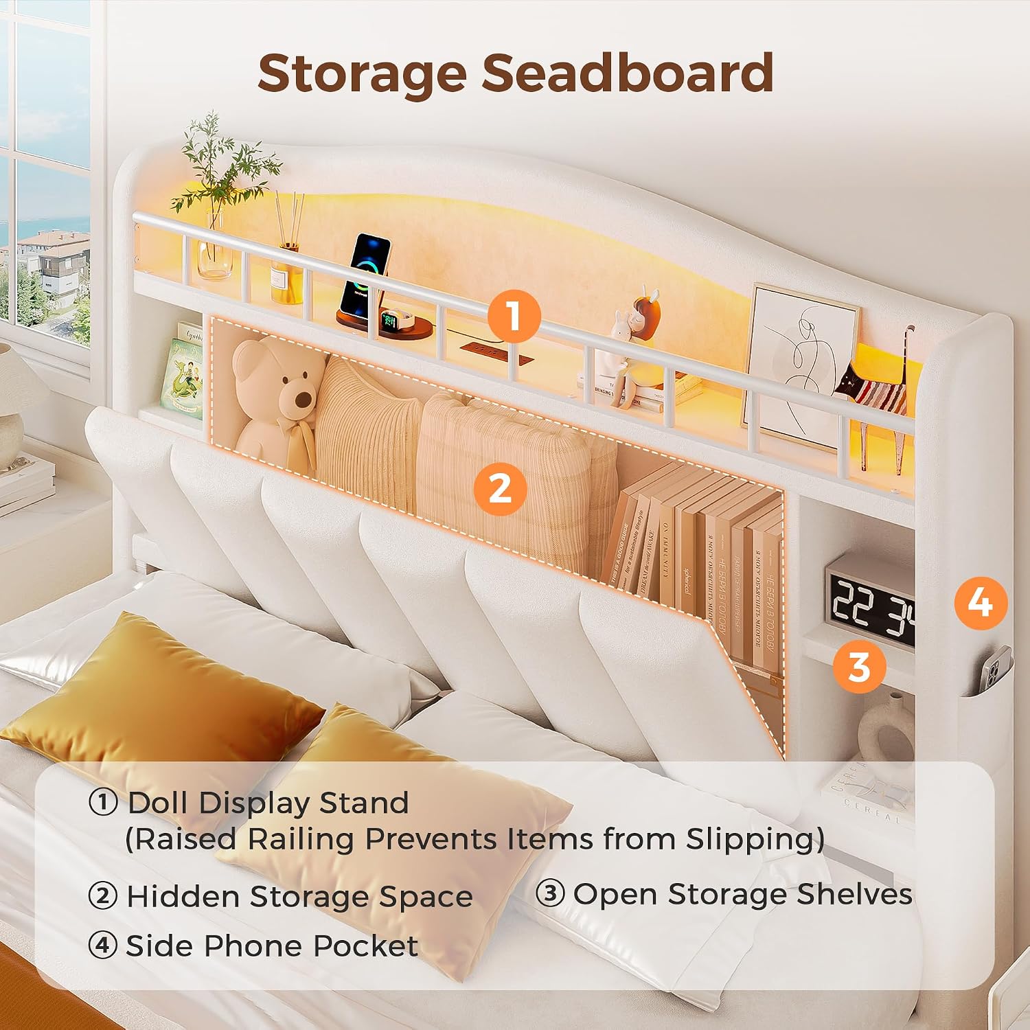 Full Size Bed Frame with LED Storage Headboard & 2 Storage Drawers, Velvet Upholstered Bed with Vertical Tufted Headboard Design, USB & Type-C Charging Ports, Wooden Slats Support, Noise-Free, Beige