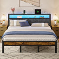 Liians King Size Platform Bed Frame with LED Lights, Grey Upholstered Headboard with 2-Tier Storage Shelves, Charging Station, Noise Free, No Box Spring Needed, Easy Assemably