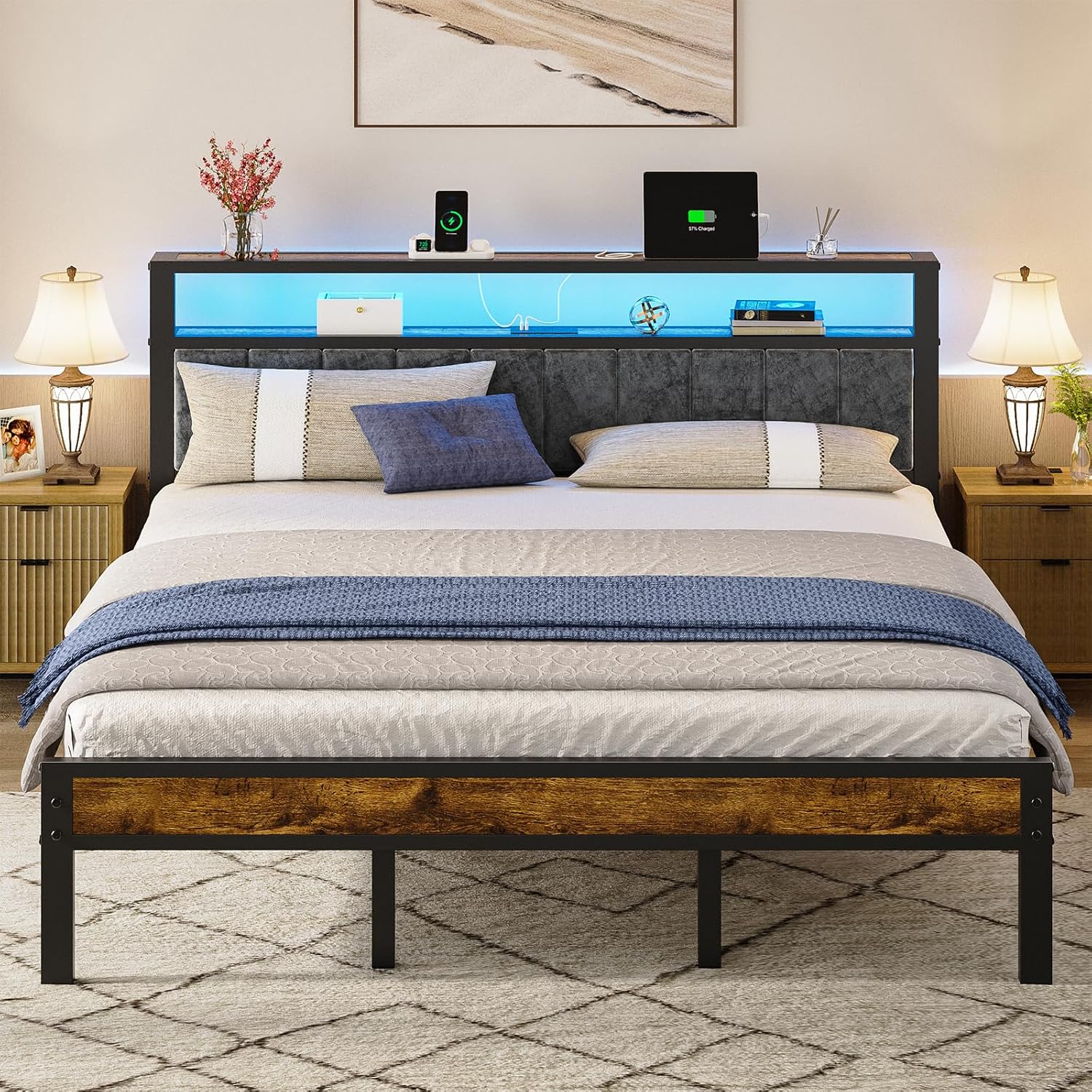 Liians King Size Platform Bed Frame with LED Lights, Grey Upholstered Headboard with 2-Tier Storage Shelves, Charging Station, Noise Free, No Box Spring Needed, Easy Assemably