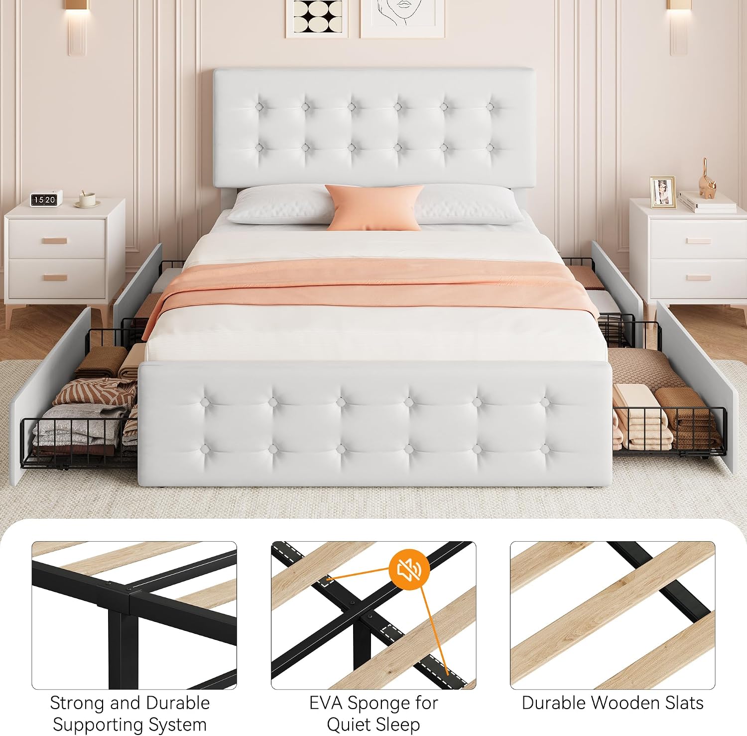 IDEALHOUSE Queen Size Bed Frame with 4 Storage Drawers and Headboard, Faux Leather Upholstered Platform Bed Frame with Wooden Slats Support, Button Tufted Design, No Box Spring Needed, White