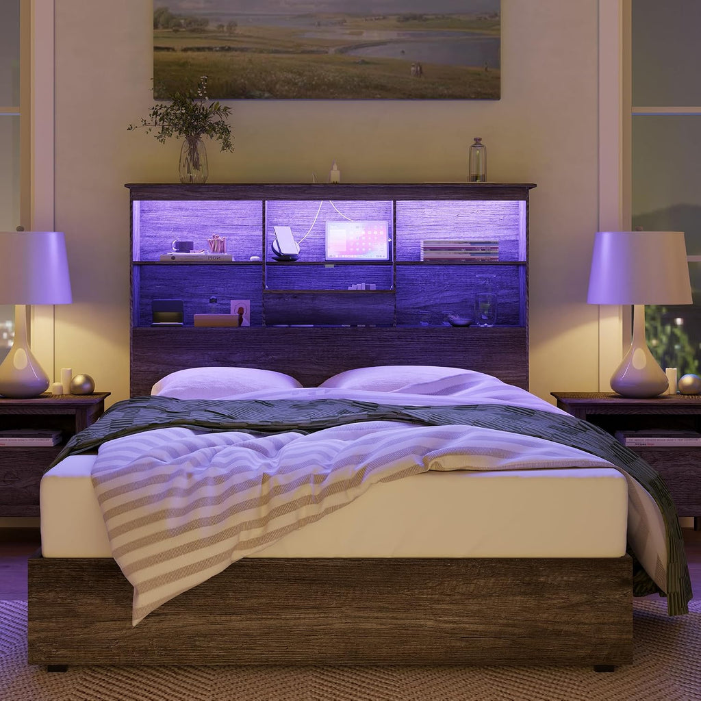 AMERLIFE King Size Bed Frame Wooden Platform Bed with 51.2' Storage LED Bookcase Headboard, 4 Storage Drawers & Charging Station/No Box Spring Needed/Noise Free/Rustic Grey