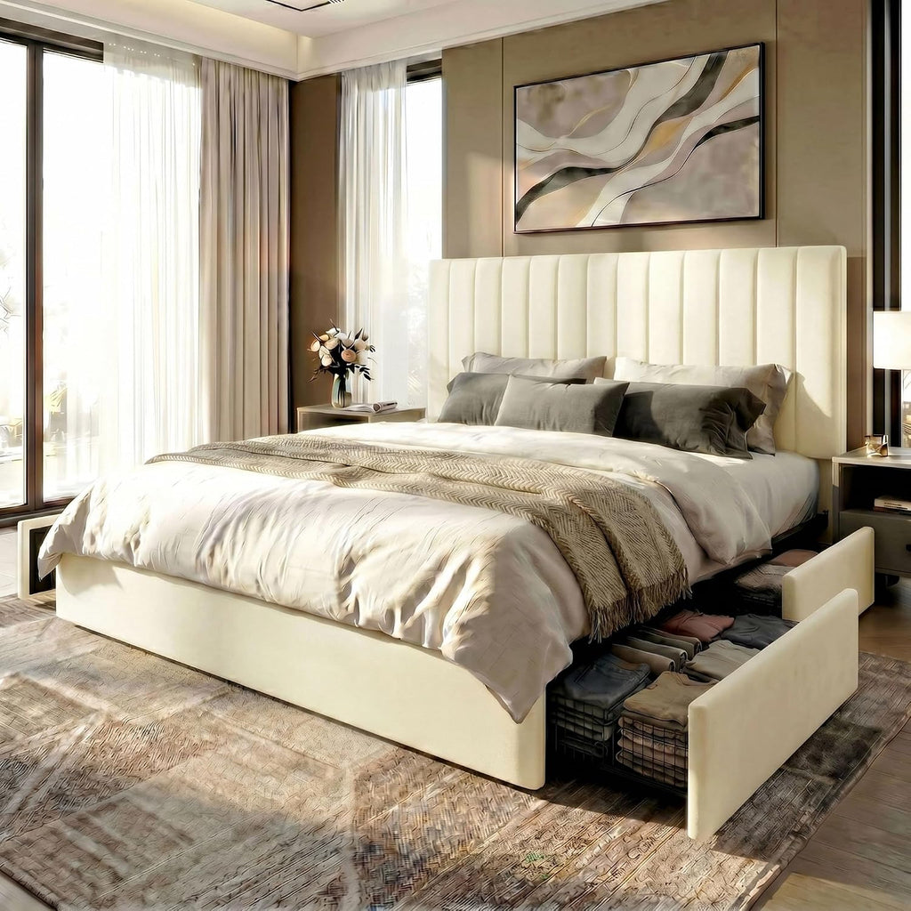 SHA CERLIN King Size Platform Bed Frame with 4 Storage Drawers, Vertical Channel Tufted Adjustable Headboard, Velvet Upholstered, Wooden Slats Support, No Box Spring Needed, Easy Assembly, Cream
