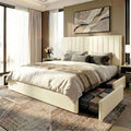 SHA CERLIN King Size Platform Bed Frame with 4 Storage Drawers, Vertical Channel Tufted Adjustable Headboard, Velvet Upholstered, Wooden Slats Support, No Box Spring Needed, Easy Assembly, Cream