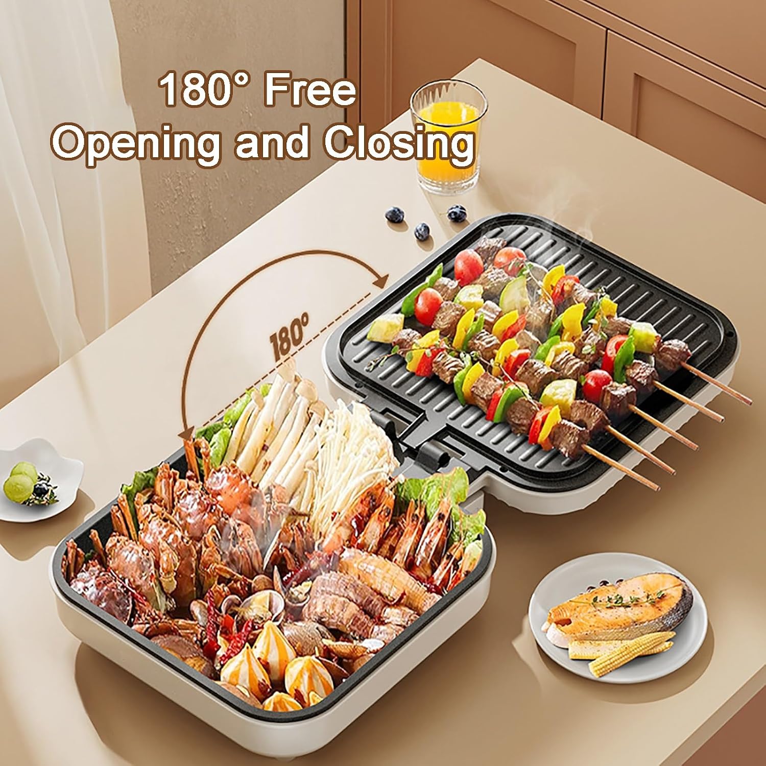 Double-Sided Electric Skillet with Lid, Household Multi-Electric Baking Pan, 180° Folding Electric Grill Pan, for BBQ, Fried Rice, Pizza