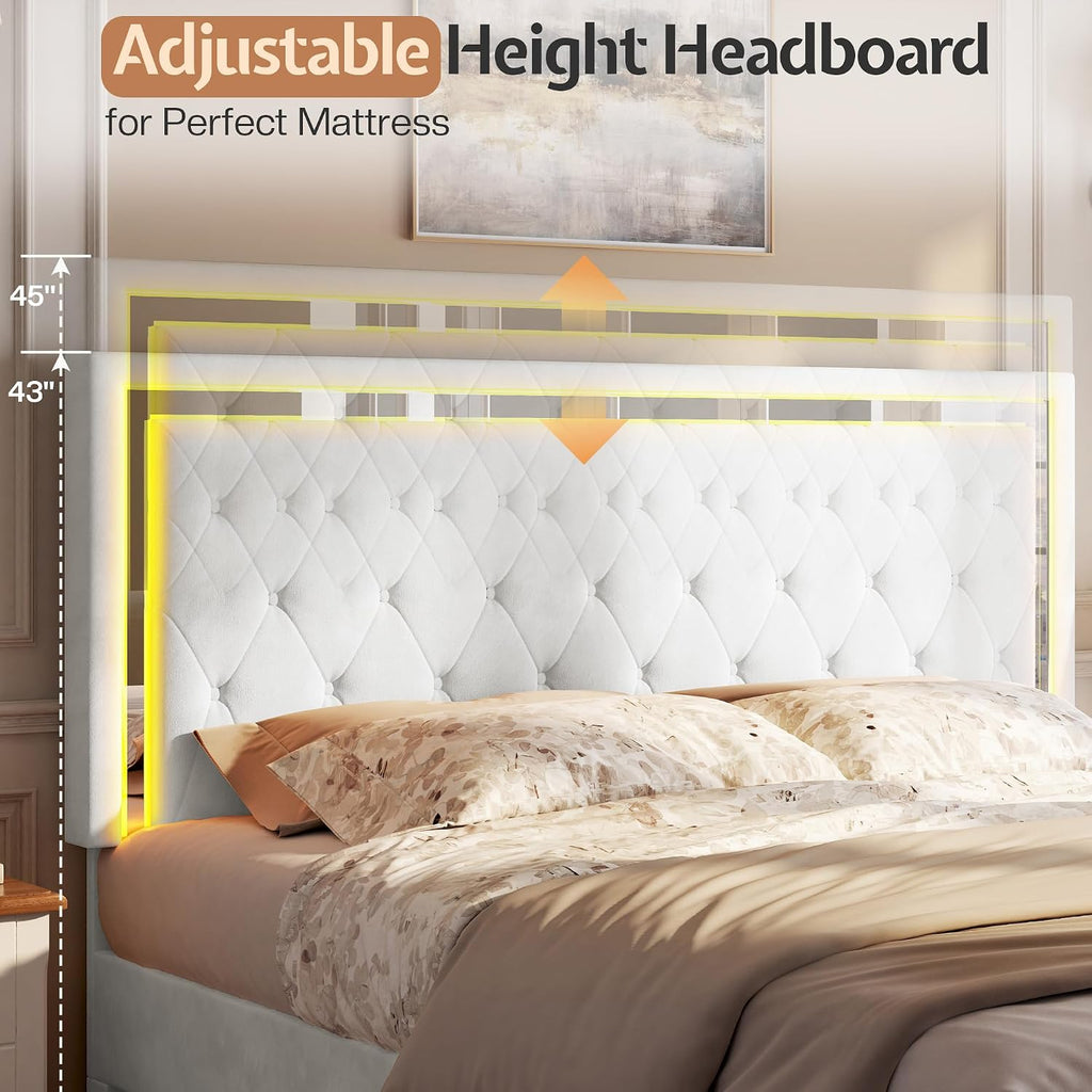 Jocisland Twin Bed Frame with LED Lights Headboard&Footboard, Velvet Upholstered Twin Size Platform Bed Frame No Box Spring Needed/White