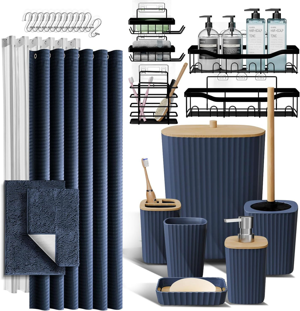 Hearth & Harbor Bathroom Accessories Set - Bathroom Set, 20PC Bathroom Accessory Set, Shower Curtain Set, Toilet Brush, Trash Can & Soap Dispenser (Navy Blue, Complete 27-Piece Set)