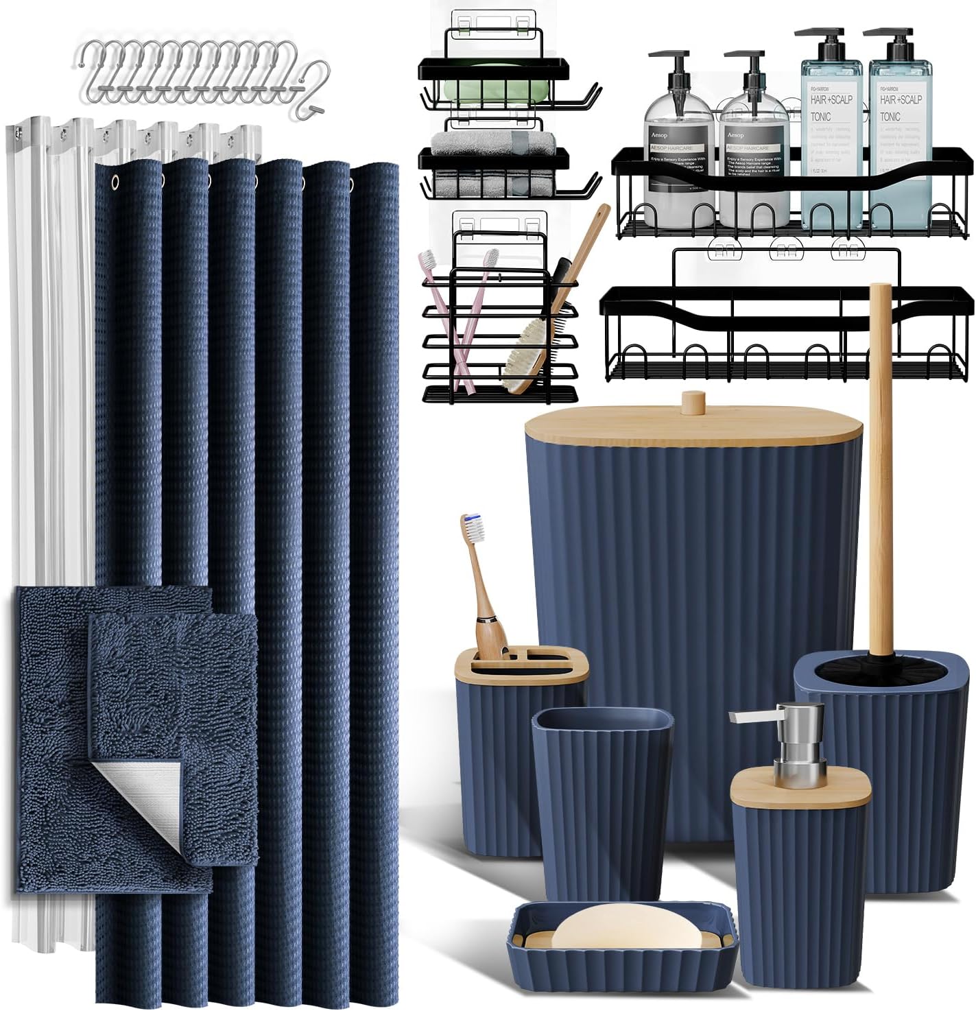 Hearth & Harbor Bathroom Accessories Set - Bathroom Set, 20PC Bathroom Accessory Set, Shower Curtain Set, Toilet Brush, Trash Can & Soap Dispenser (Navy Blue, Complete 27-Piece Set)