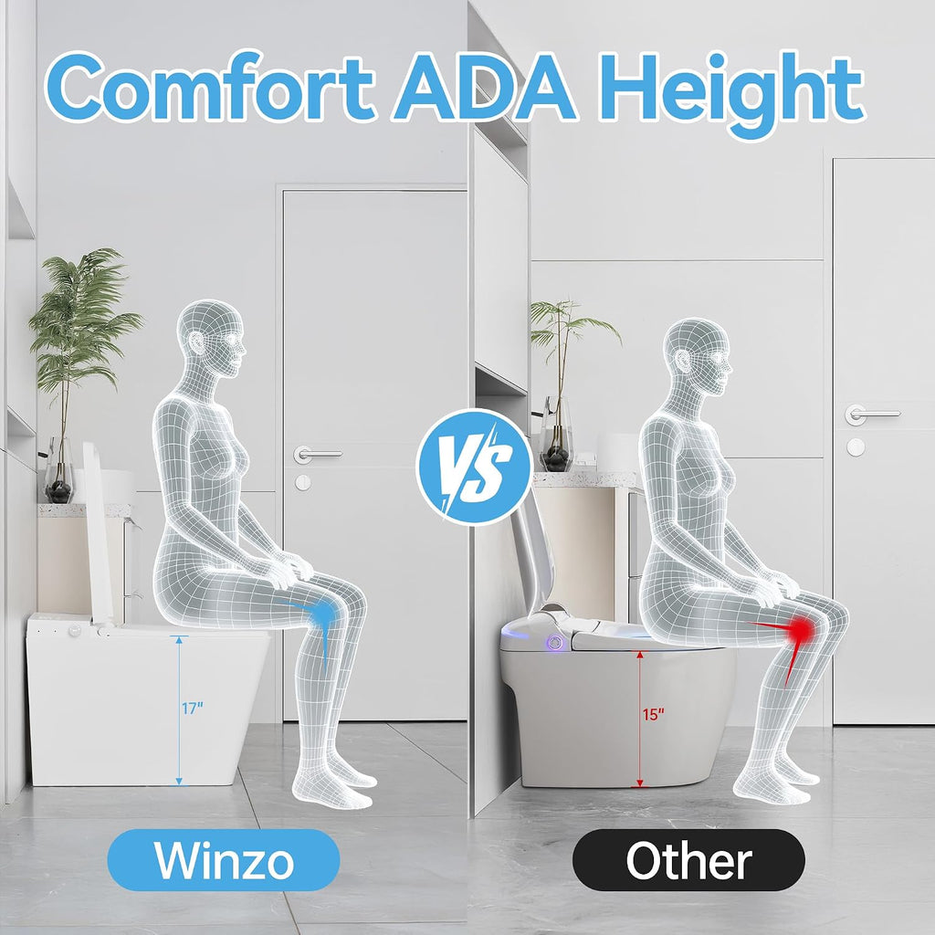 WinZo Smart Toilet with Built-in Tank, ADA Comfort Seat Height One-Piece Toilet with Warm Water Bidet, Heated Seat & Auto Drying, Foot Kick Flush, Modern Elongated Smart Toilet with Bidet Built In