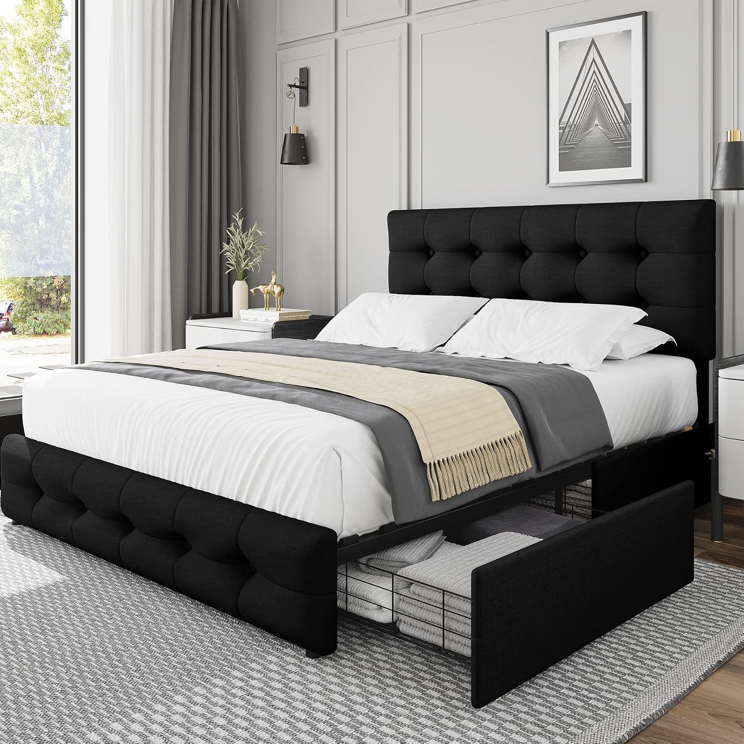 TTVIEW Full Size Bed Frame with 4 Storage Drawers and Adjustable Headboard, Upholstered Platform Bed with Button Tufted Design, Strong Wooden Slats Support, No Box Spring Needed, Black