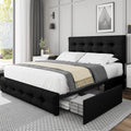 TTVIEW Queen Bed Frame with 4 Storage Drawers and Adjustable Headboard, Upholstered Platform Bed with Button Tufted Design, Strong Wooden Slats Support, No Box Spring Needed, Black