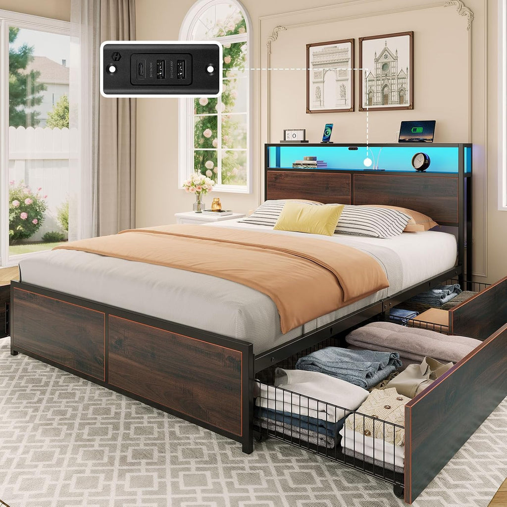 Rolanstar Full Size Bed Frame with 4 Storage Drawers & 2-Tier Storage Headboard, Metal Platform Bed Frame with Charging Station & LED Lights, Noise-Free, No Box Spring Needed, Easy Assembly, Espresso