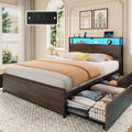 Rolanstar Full Size Bed Frame with 4 Storage Drawers & 2-Tier Storage Headboard, Metal Platform Bed Frame with Charging Station & LED Lights, Noise-Free, No Box Spring Needed, Easy Assembly, Espresso