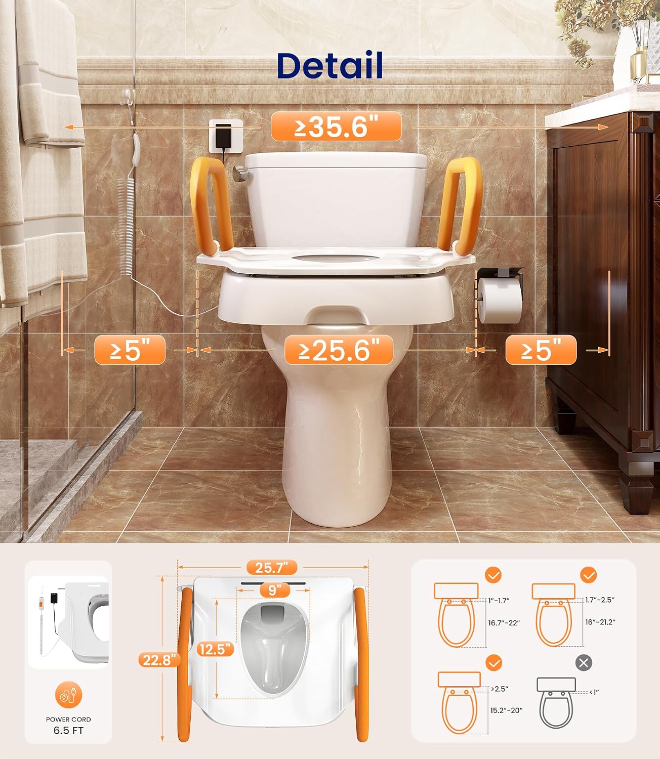 VOCIC Electric Toilet Seat Lift, Electric Raised Toilet Seat, Powered Toilet Seat Riser with Handles, Toilet Lift Seat for Elderly, Support to 330LBS, AX12