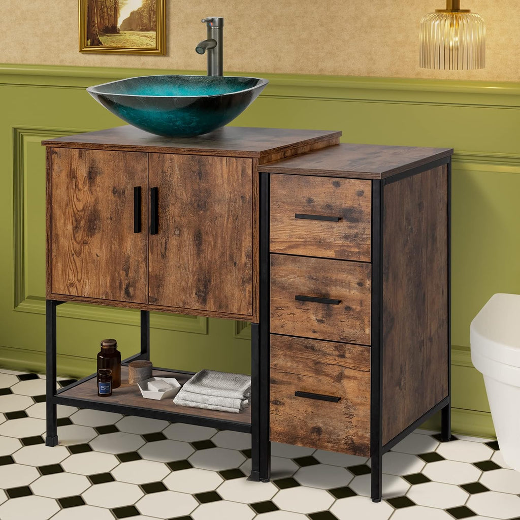 UEV 36' Antique Bathroom Vanity, Dark Brown Bathroom Vanity Set with Sink and 3 Drawers Side Cabinet Combo, Iron Wood Bathroom Cabinet with Adjustable Water Temperature Faucet (A10)