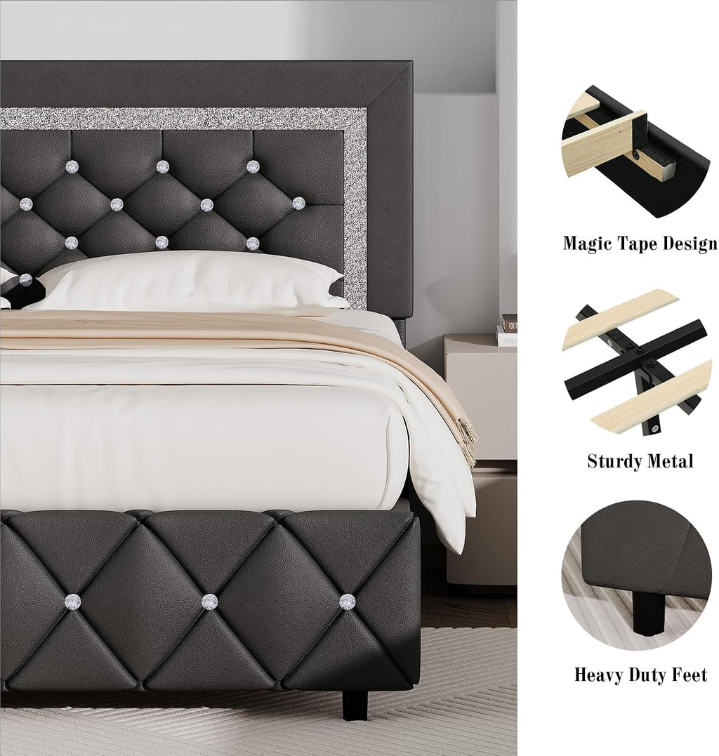 BarnFurin Queen Bed Frame with Diamond Tufted Headboard, Faux Leather Upholstered Bed with Wooden Slats Support, No Box Spring Needed, Mattress Foundation, Easy Assembly, Grey