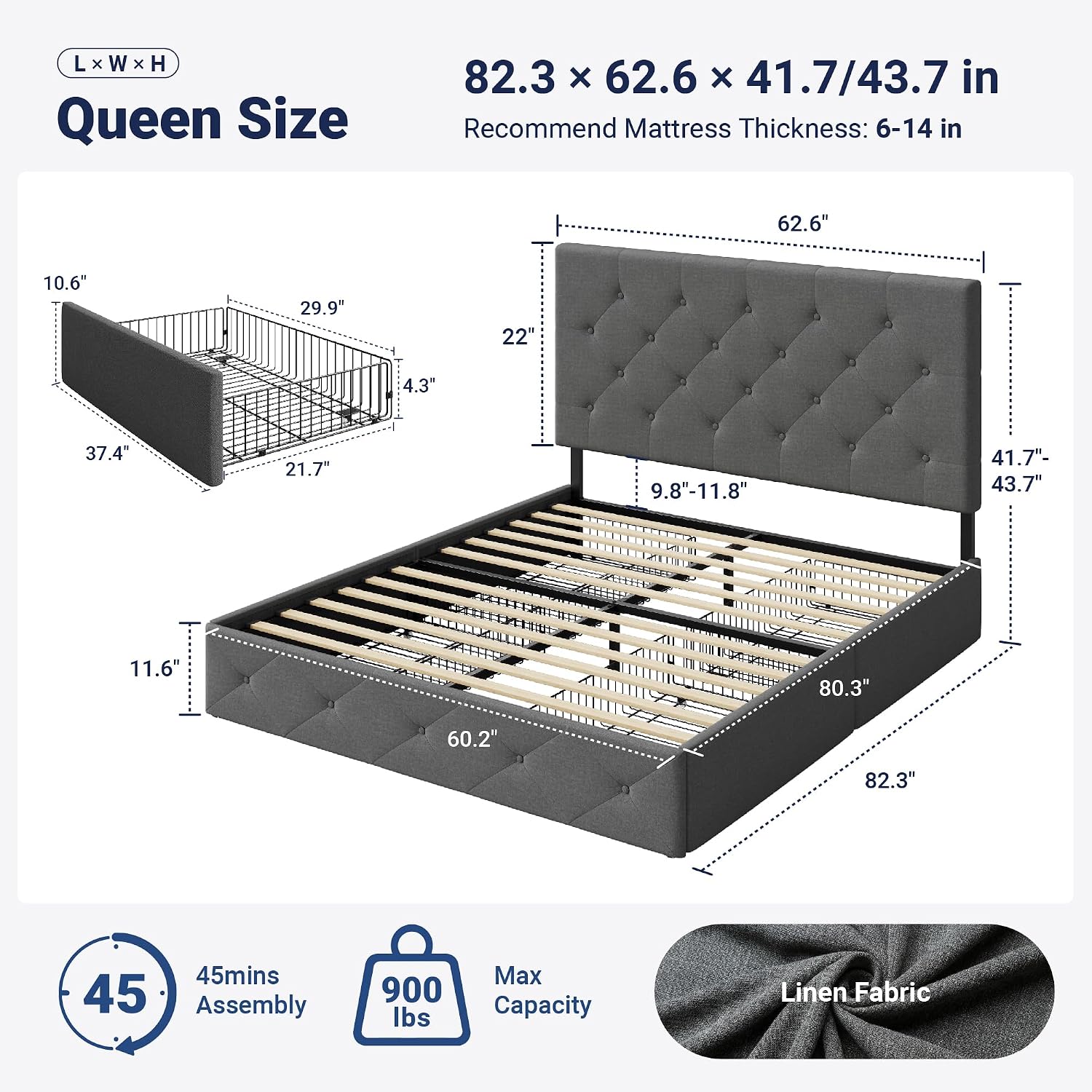 Allewie Upholstered Queen Size Platform Bed Frame with 4 Storage Drawers and Headboard, Diamond Stitched Button Tufted Mattress Foundation with Wooden Slats Support, Light Grey
