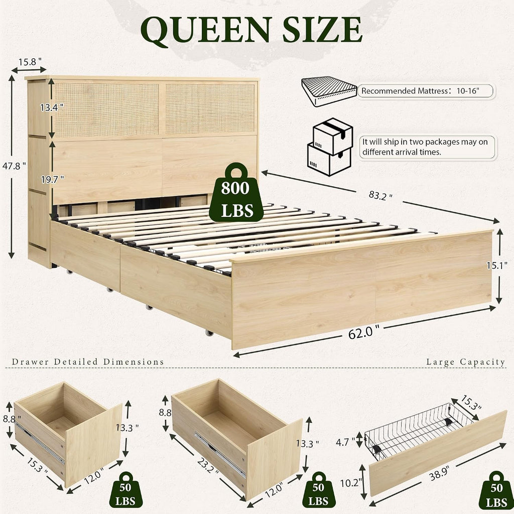 Yechen Natural Rattan Queen Bed Frame with Storage, 10 Drawers & Storage Headboard with Charging Station, Boho Rattan Wood Bed Frame with Metal Frame, Noise Free, No Box Spring Needed