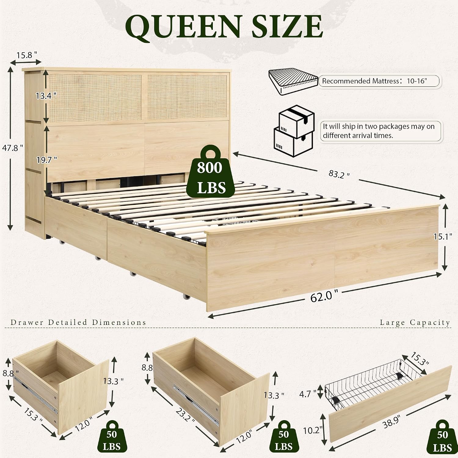 Yechen Natural Rattan Queen Bed Frame with Storage, 10 Drawers & Storage Headboard with Charging Station, Boho Rattan Wood Bed Frame with Metal Frame, Noise Free, No Box Spring Needed