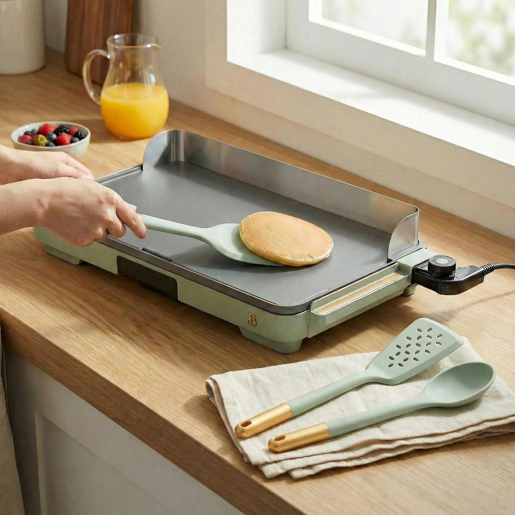 XL Electric Griddle 12' x 22' with Ceramic Nonstick Coating and Removable Heat Control with 3-Piece Silicone Spoon - Sage Green Flat Top Electric Grill with Drip Tray and Backsplash