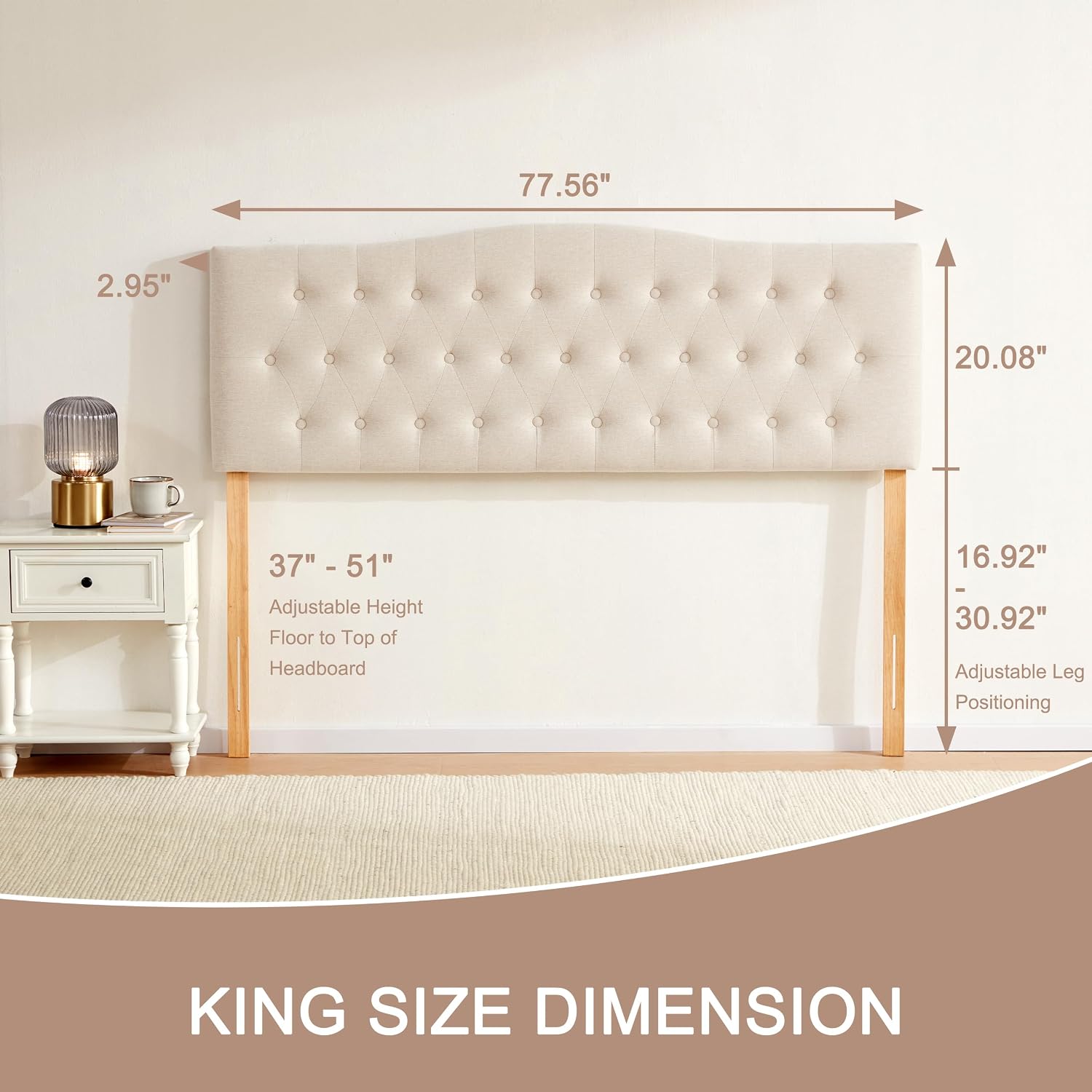 Huatean Home Tufted Upholstered Headboard King Size, Sturdy and Durable Solid Wood Bed headboard, Fabric Headboard Adjustable Height from 37' to 51', Modern Button Diamond Design Head Board, Beige