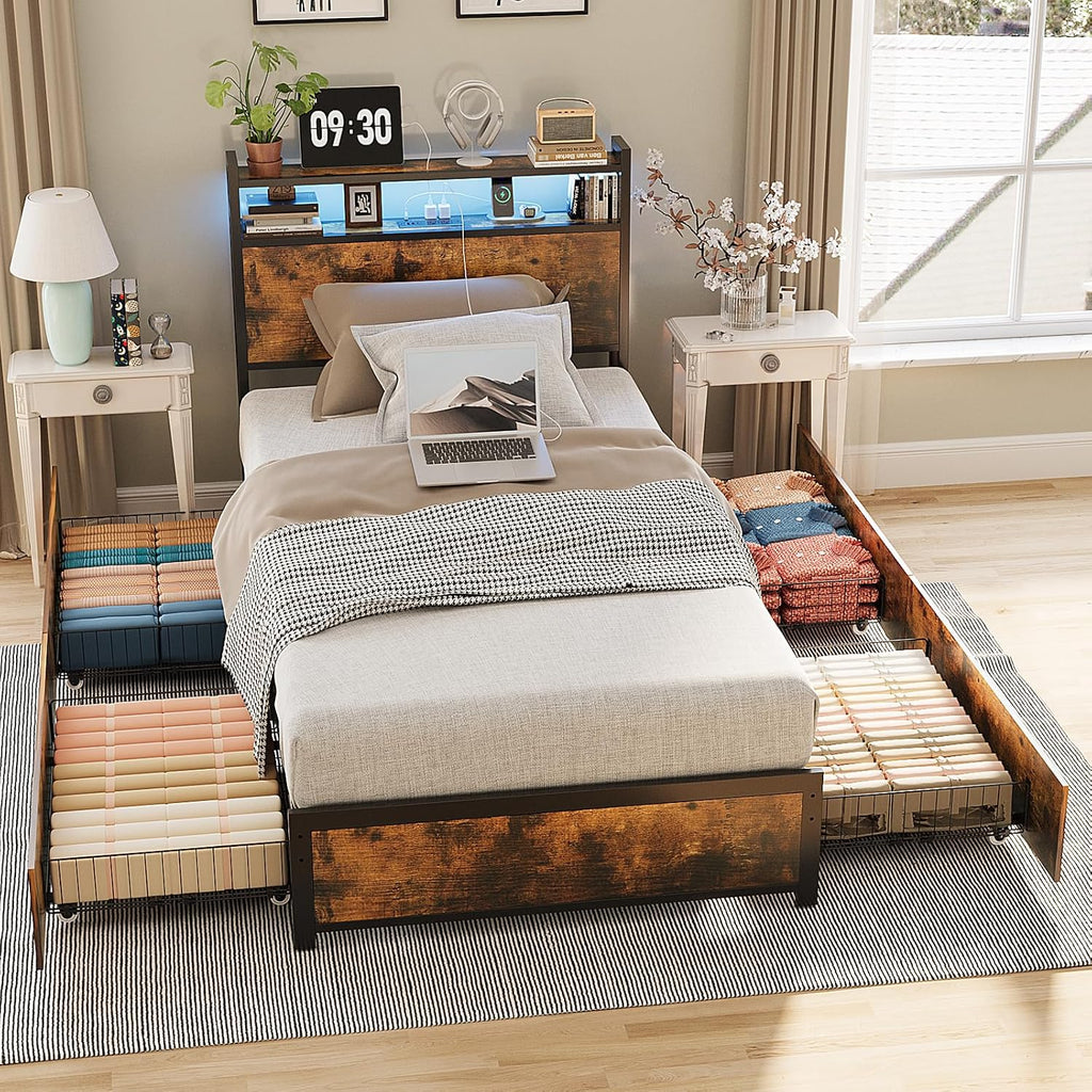 VINGLI Bed Frame Twin Size Set of 2with 4 Storage Drawers and Storage Headboard, Metal Platform with Charging Station and LED Lights, No Box Spring Needed, Easy Assembly, Vintage Brown