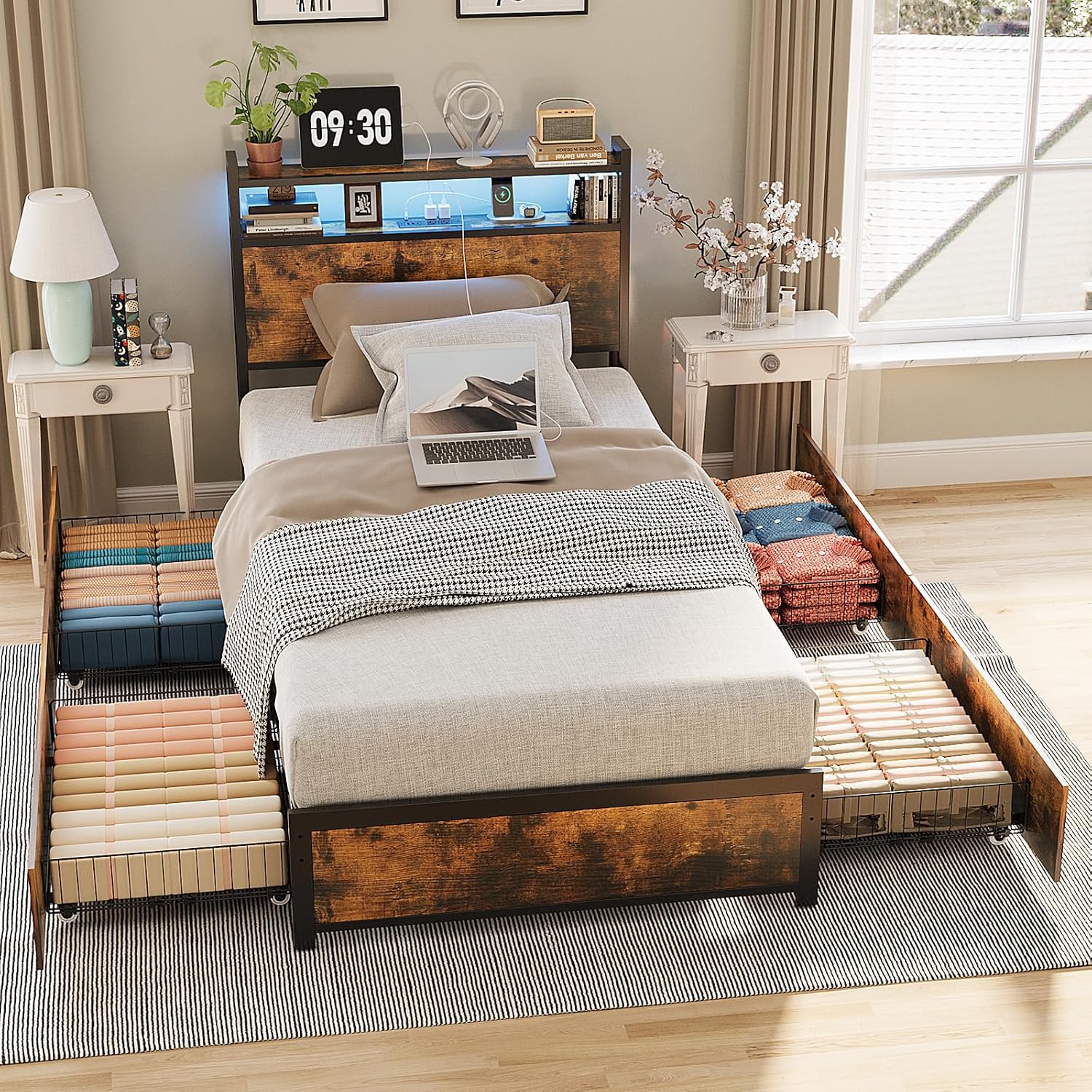 VINGLI Bed Frame Twin Size Set of 2with 4 Storage Drawers and Storage Headboard, Metal Platform with Charging Station and LED Lights, No Box Spring Needed, Easy Assembly, Vintage Brown