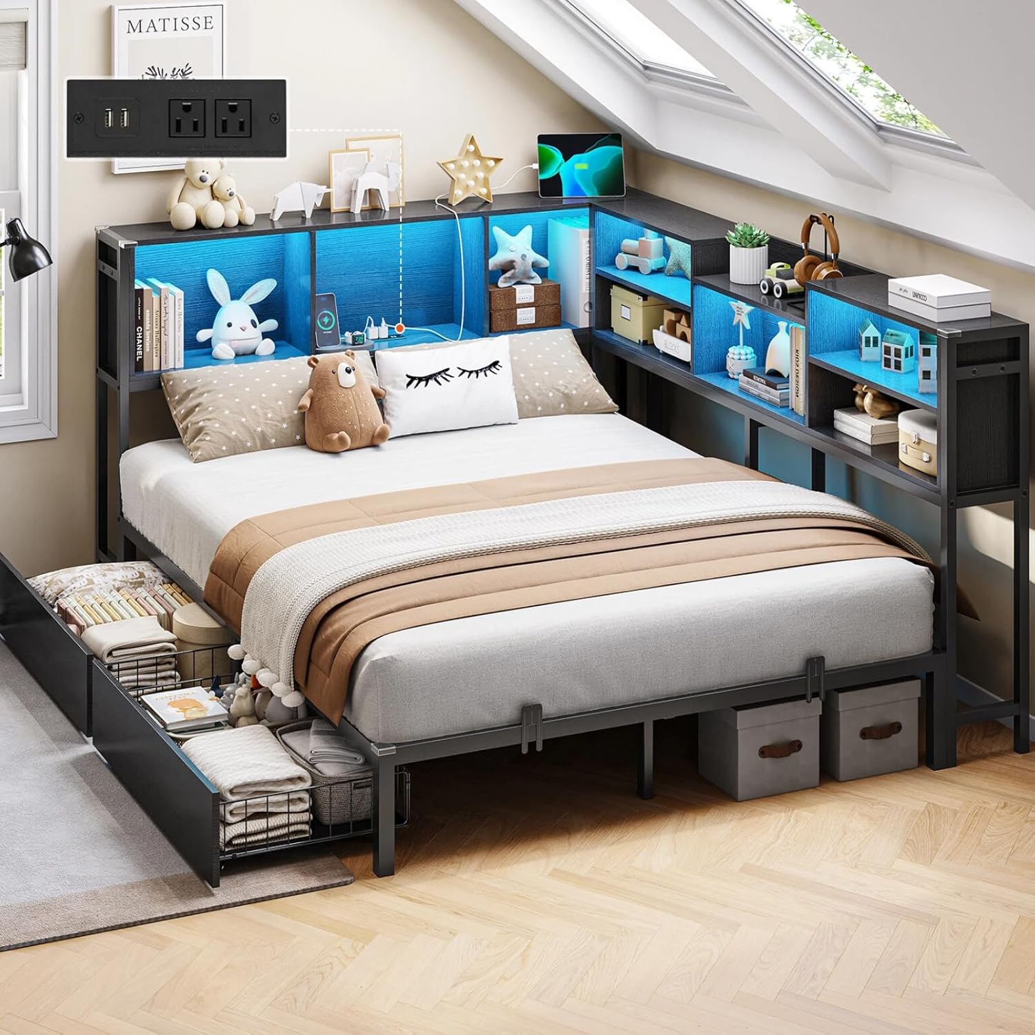 DICTAC Full Corner Bed Frame with Bookcase Storage and Led Lights Metal Platform Bed Frame with 2 Drawers and Charging Station Full Size Daybed with Storage for Living Room,Bedroom,Guest,Black