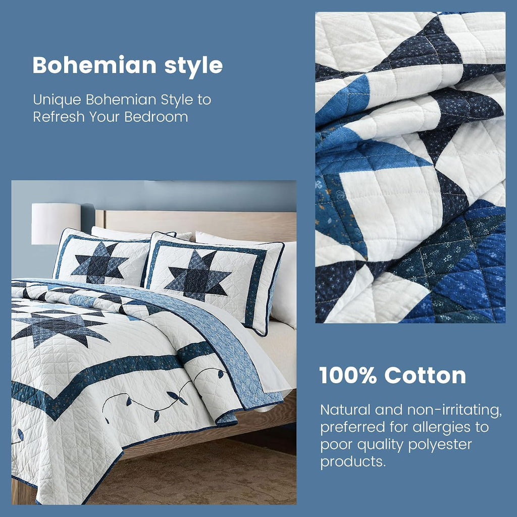 Secgo Handmade Quilted 100% Cotton King Comforter Set for Bed - 100% Cotton Quilts King Size, Black Bedspreads (96 * 108 Inch) with 2 Pillow Shams, Patchwork Reversible Lightweight Bedding