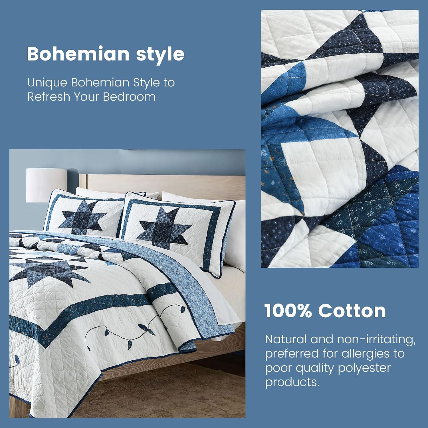 Secgo Handmade Quilted 100% Cotton King Comforter Set for Bed - 100% Cotton Quilts King Size, Black Bedspreads (96 * 108 Inch) with 2 Pillow Shams, Patchwork Reversible Lightweight Bedding