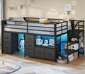 ADORNEVE Low Loft Bed Twin Size with Stairs,7 Drawers, Bookcase and LED Lights, Metal Kids Loft Bed with 14' H Safety Guardrail,Inclined Ladder and Play Curtain, Under-Bed Play Space, Black