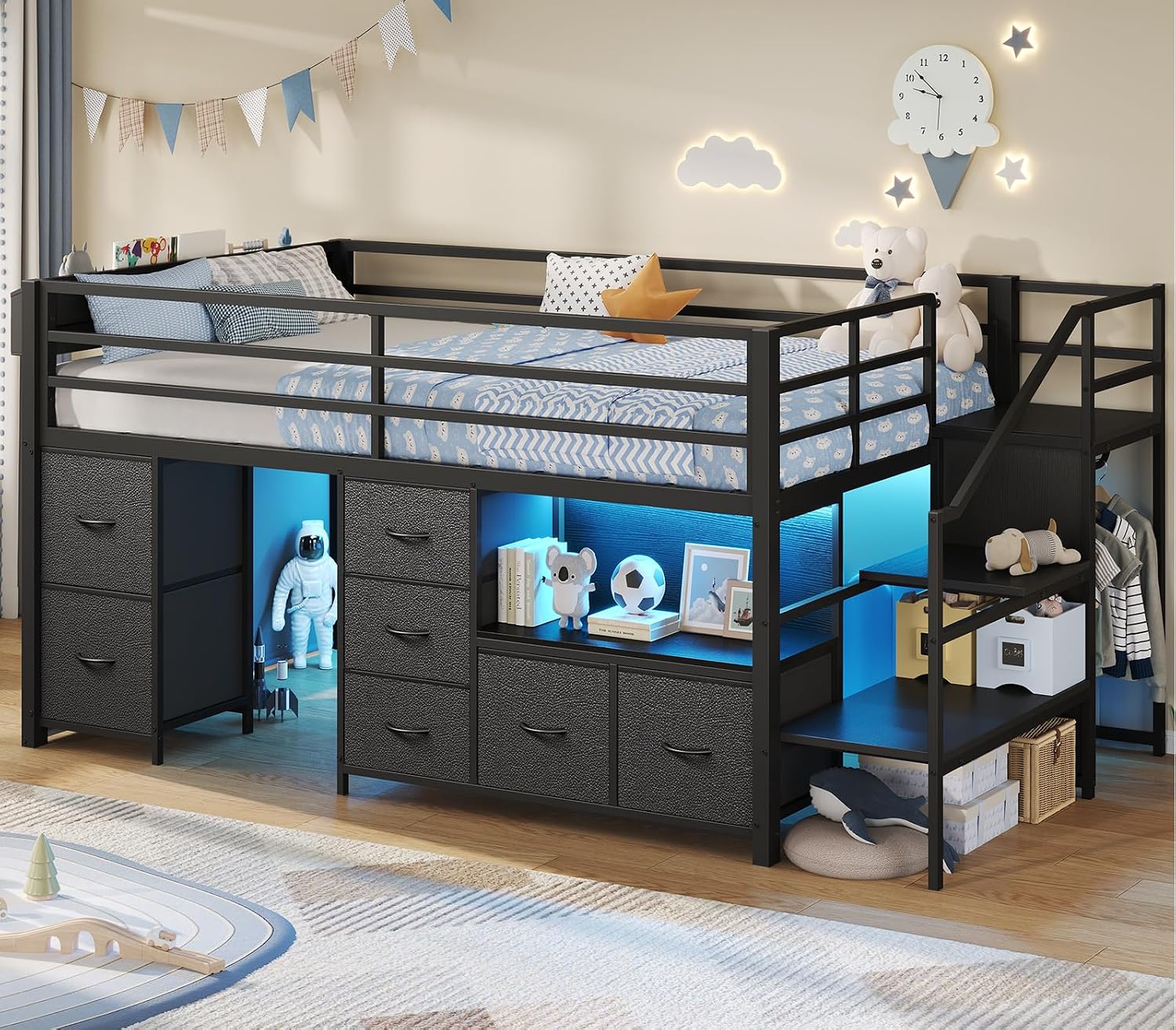 ADORNEVE Low Loft Bed Twin Size with Stairs,7 Drawers, Bookcase and LED Lights, Metal Kids Loft Bed with 14' H Safety Guardrail,Inclined Ladder and Play Curtain, Under-Bed Play Space, Black