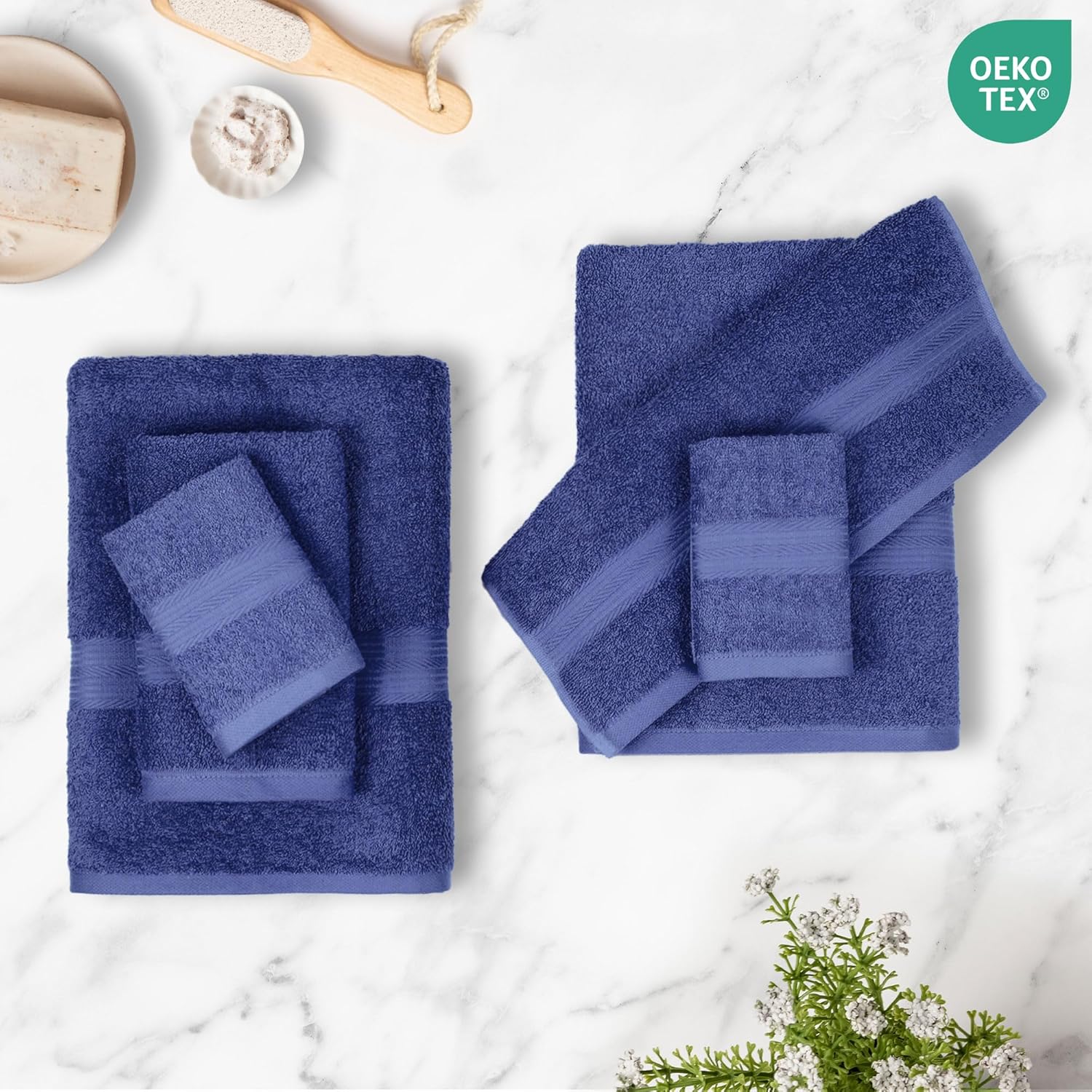 Amazon Basics 6-Piece Fade-Resistant 100% Cotton Towel Set, Soft and Absorbent, 2 BathTowels, 2 HandTowels, 2 Washcloths, Navy Blue (Pack of 6)