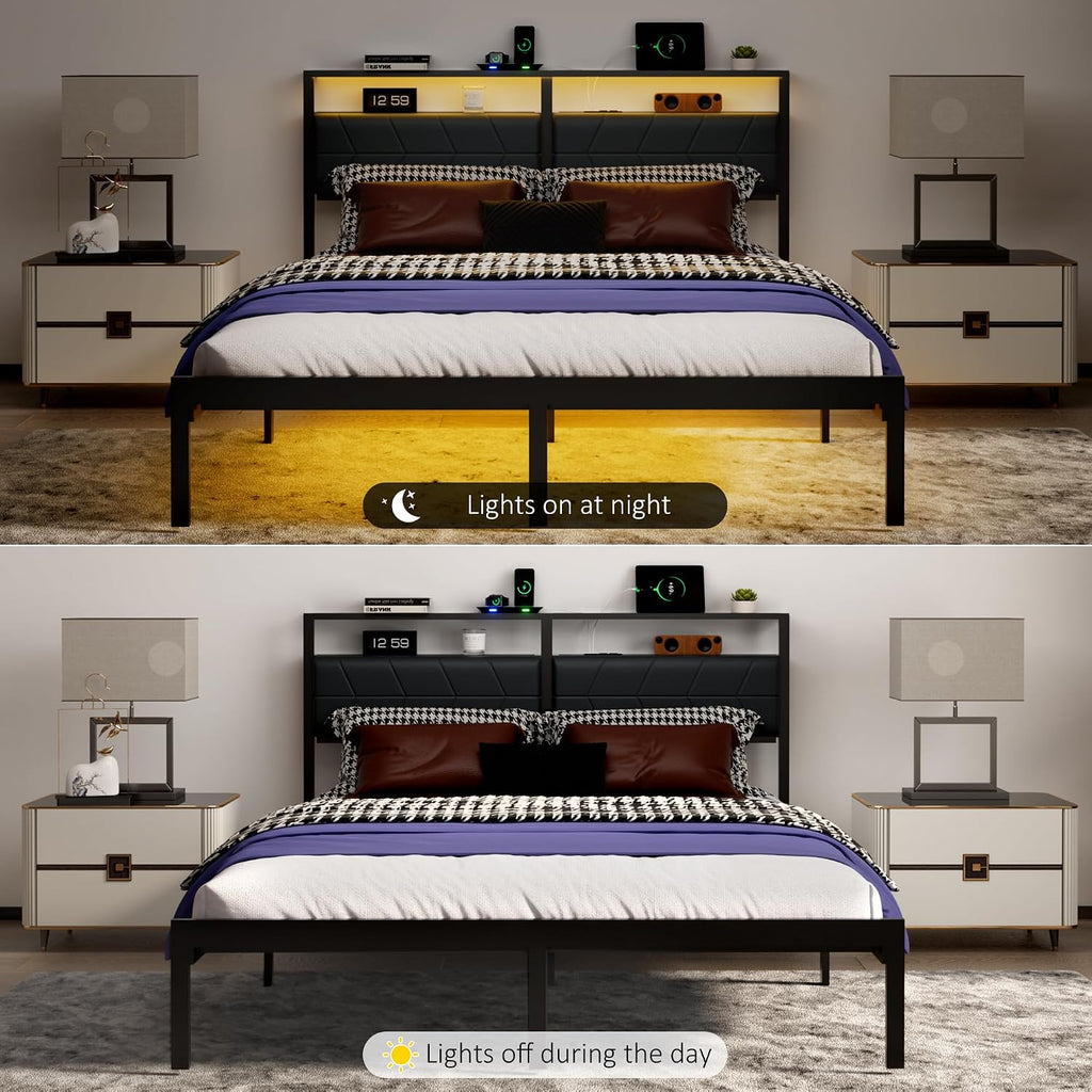 J.Fkne Queen Bed Frame with LED Lights & Charging Station, Metal Platform Bed Frame with 2 Tier Storage Headboard, Under Bed Storage, No Box Spring Needed, Noise Free, Easy Assembly