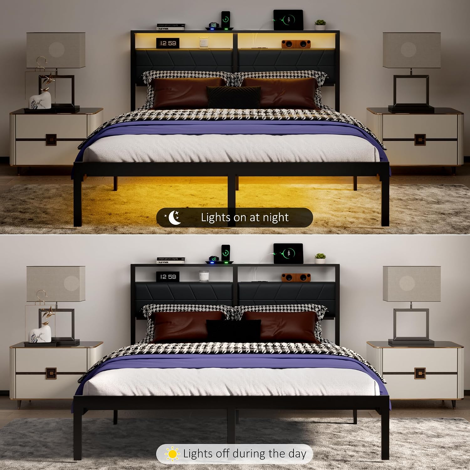 J.Fkne Queen Bed Frame with LED Lights & Charging Station, Metal Platform Bed Frame with 2 Tier Storage Headboard, Under Bed Storage, No Box Spring Needed, Noise Free, Easy Assembly