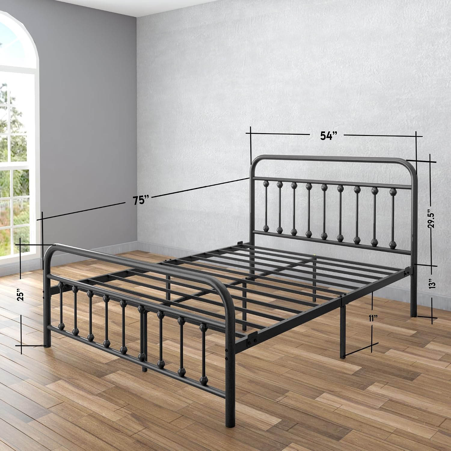 AMBEE21 Golden Gate Beds Vintage Style Metal Bed Frame with Wrought Iron Headboard and Footboard, Classic Platform Bedframe with Storage, No Box Spring Needed, Mattress Foundation, Black, Full Size