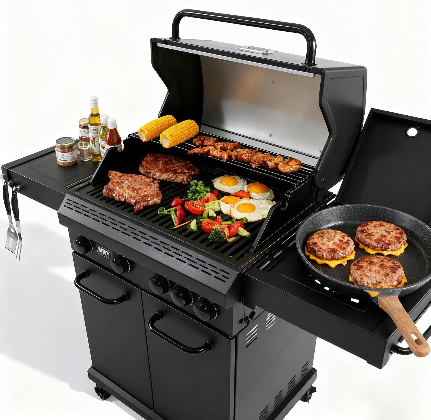 4 Burner Propane Grill,50000 BTU BBQ Grill with Side Burner and Enameled Cast Iron Grates,Visible Window Gas Grill with Wheels for Outdoor Cooking, Patio, Garden Barbecue Griliing