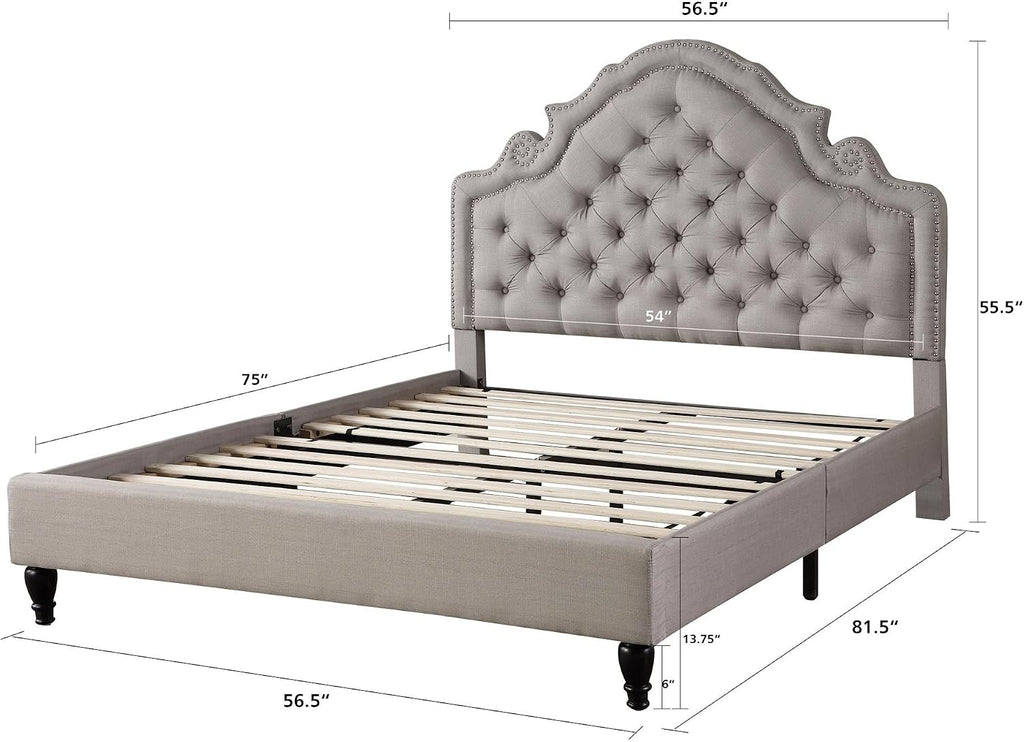 HomeLife Premiere Classics 51' Tall Platform Bed with Cloth Headboard and Slats - Full (Light Grey Silver)