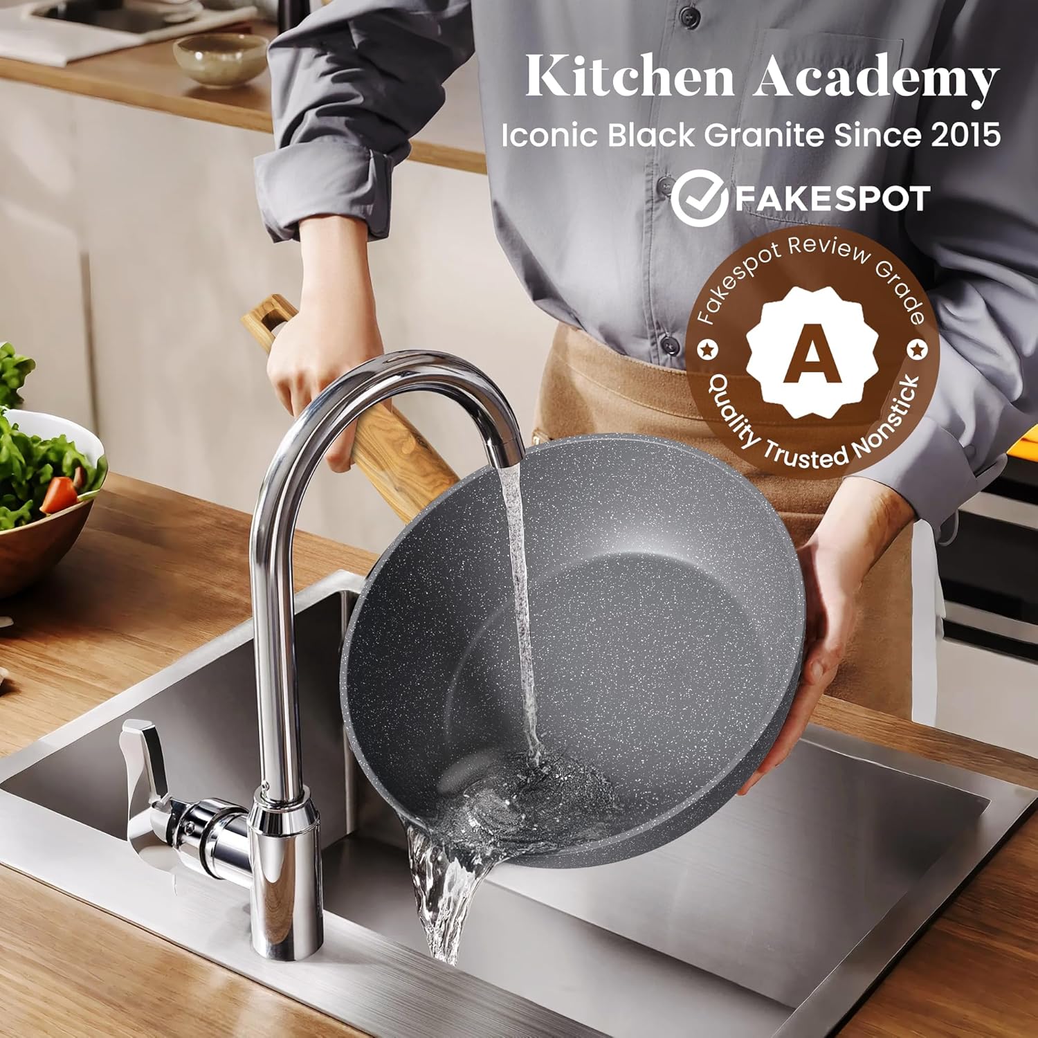 Kitchen Academy Granite Pots and Pans Set Non Stick - 17 Piece Nonstick Cookware Set, Induction Gray Cooking Pans Set, PFOA & PFOS Free.