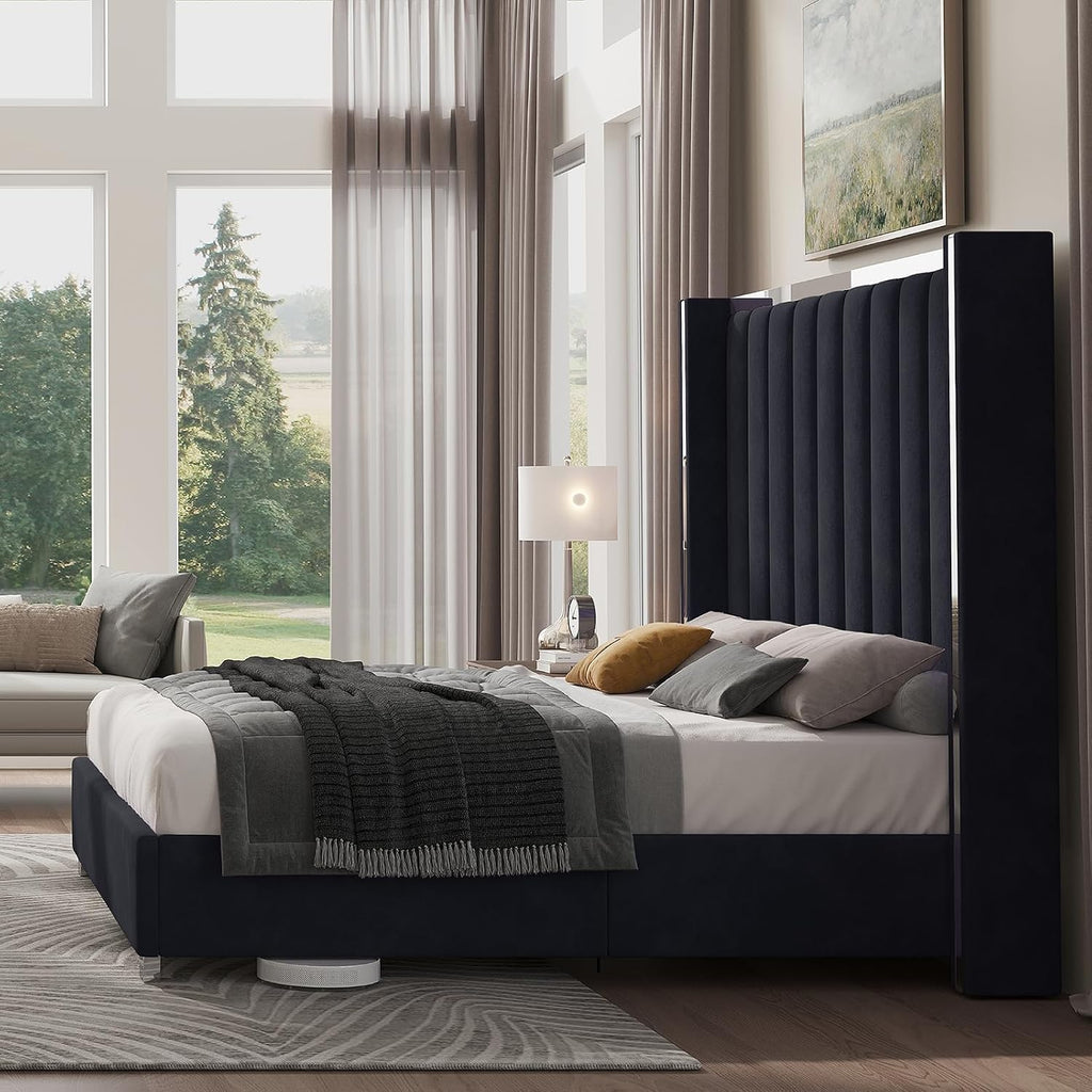 Jocisland Queen Size Bed Frame with 58' Tall Headboard, Velvet Upholstered Platform Bed with Channel Tufted Wingback Headboard and Plating Trim, No Box Spring Needed, Black